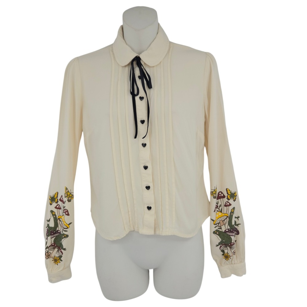 Thorn & Fable Cream Frog Mushroom Blouse XS Heart Buttons Cottagecore Whimsical